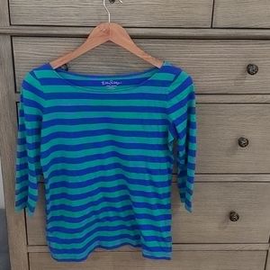 Lilly Pulitzer Blue & Green 3/4 Sleeve Stripe Top